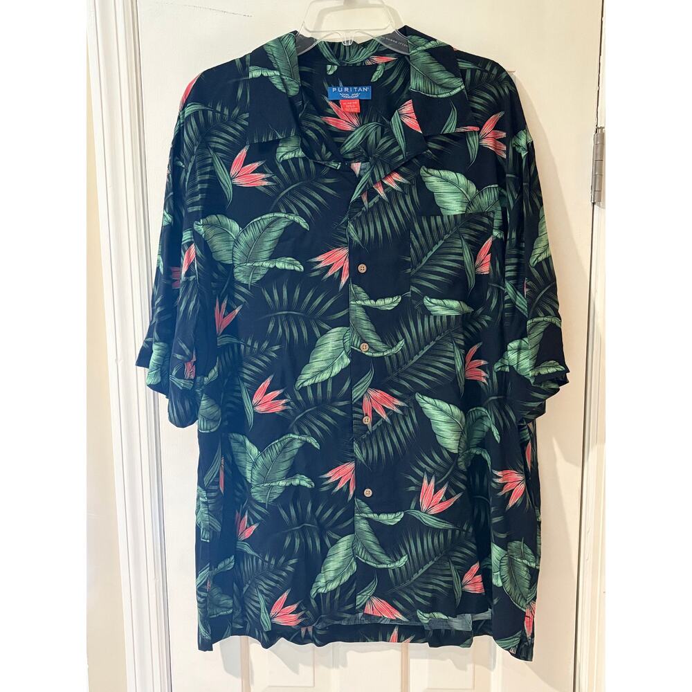 Puritan Hawaiian Camp Shirt Men’s XL Black Tropical Floral Rayon Button Front